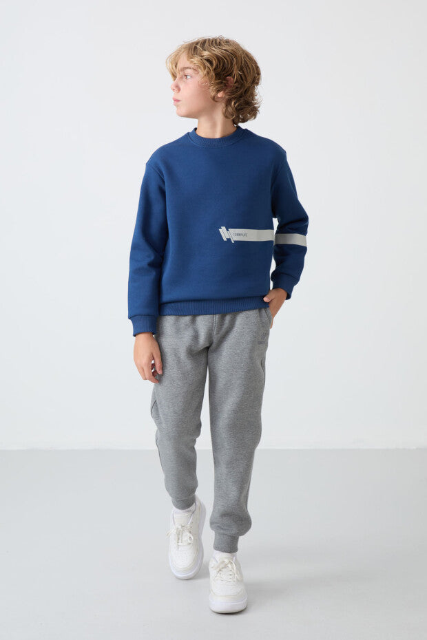 Lacivert İçi Pamuklu Gri Şeritli Erkek Çocuk Sweatshirt