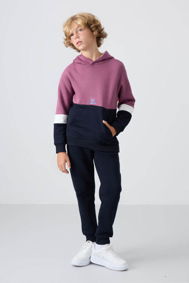 Gül Kurusu  Lacivert Kapüşonlu Ekru Geçişli Eşofman Takımı