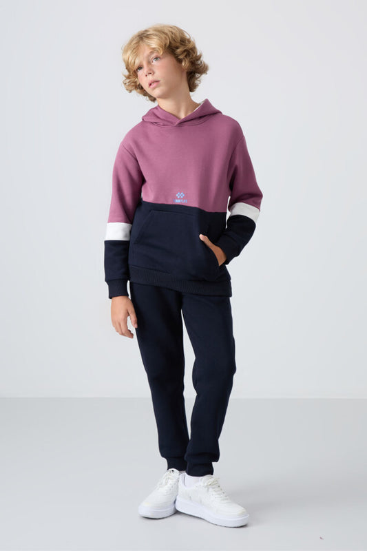 Gül Kurusu  Lacivert Kapüşonlu Ekru Geçişli Eşofman Takımı