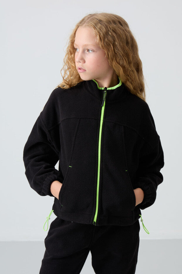 Siyah Polar Kız Çocuk Fermuarlı Sweatshirt