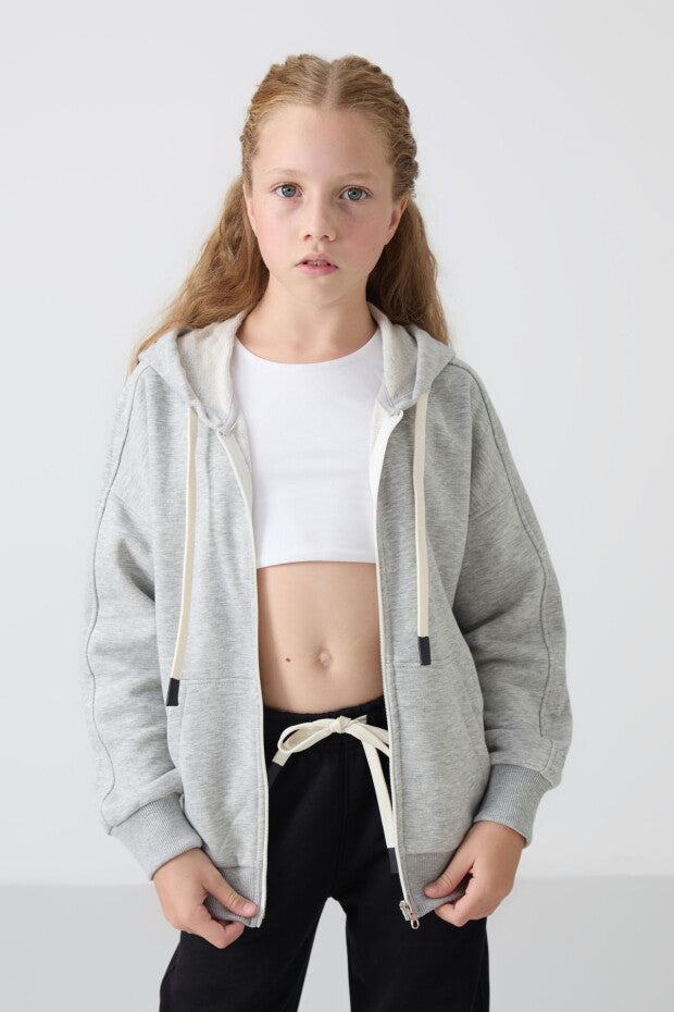 Gri Kız Çocuk Kapüşonlu Sweatshirt