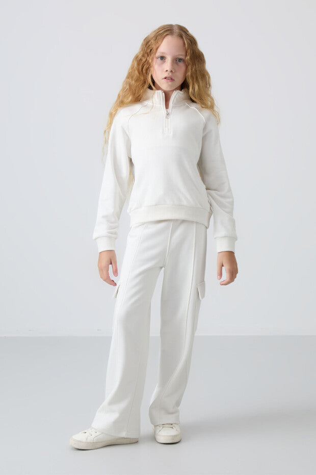 Ekru Geniş Paça Kız Çocuk Eşofman Takımı