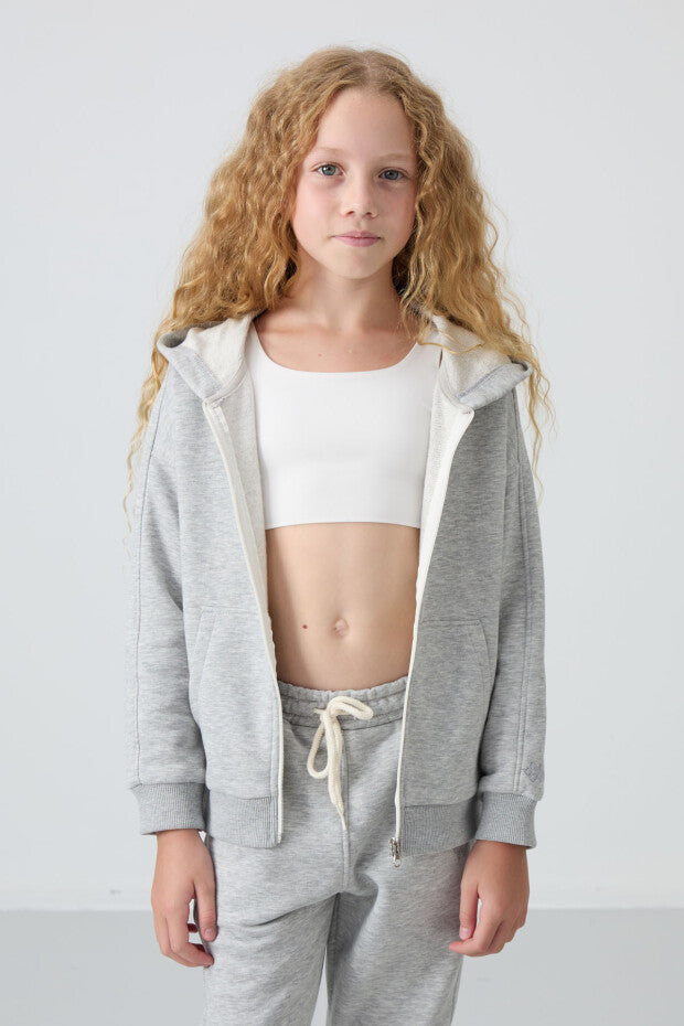 Gri Fermuarlı Kapüşonlu Kız Çocuk Eşofman Takımı
