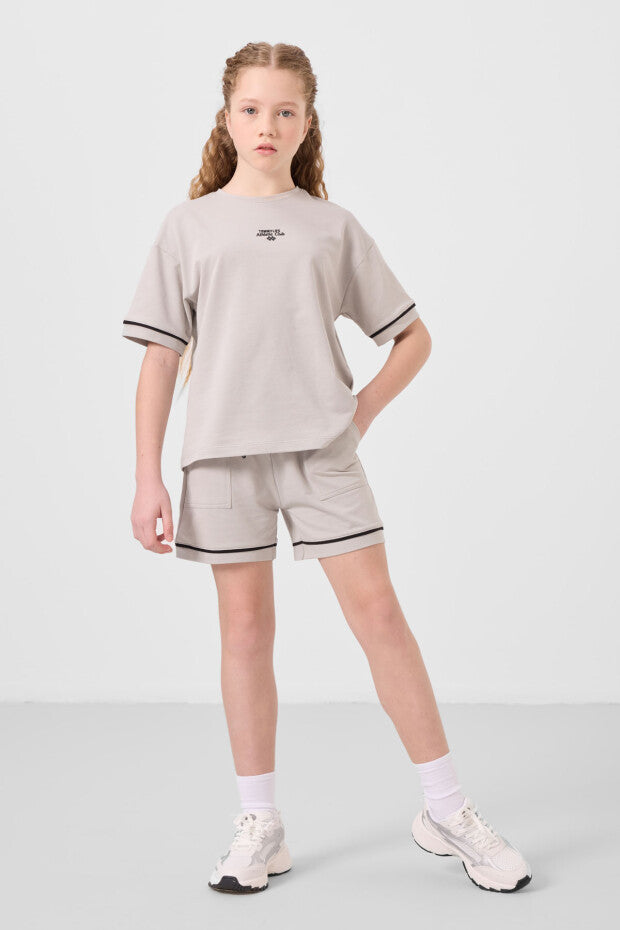 Kız Çocuk Taş Rengi Şortlu Takım – Yazlık %100 Pamuklu İkili Takım (7-15 Yaş)