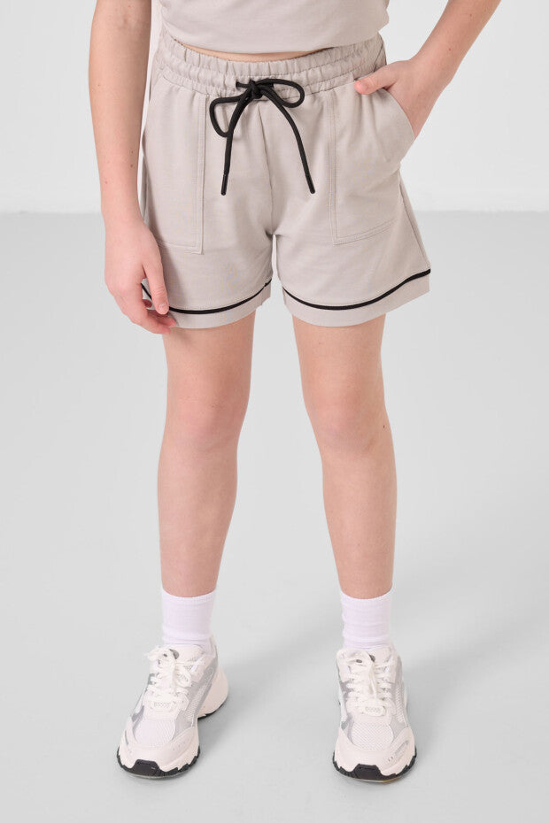 Kız Çocuk Taş Rengi Şortlu Takım – Yazlık %100 Pamuklu İkili Takım (7-15 Yaş)