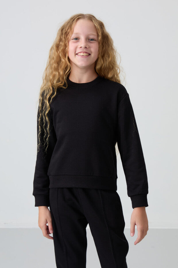 Siyah Pamuklu Kız Çocuk Eşofman Takımı