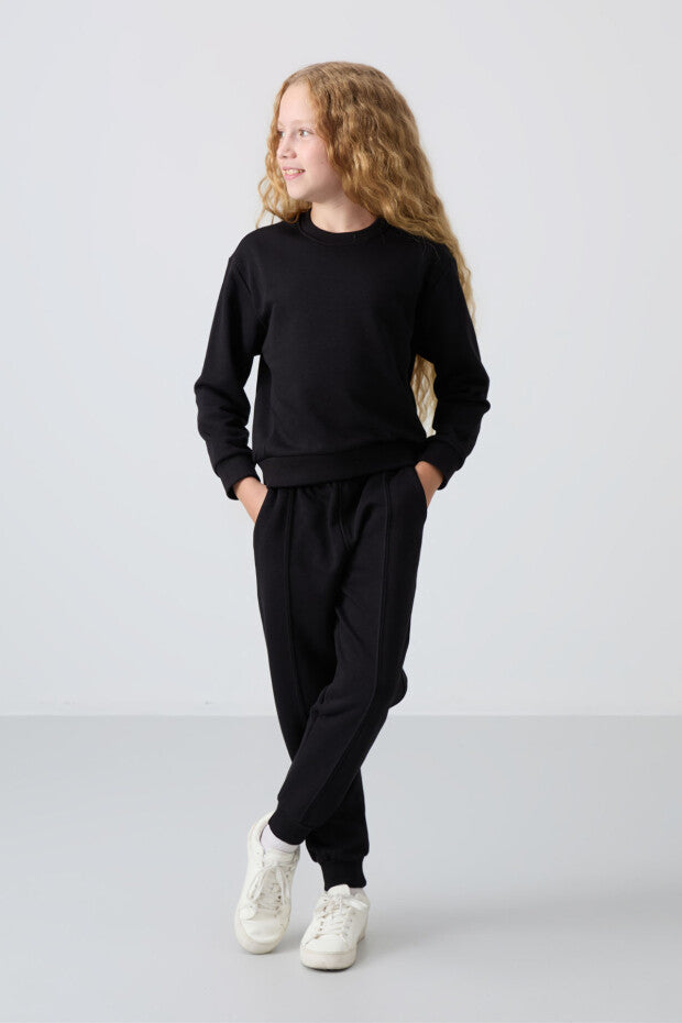 Siyah Pamuklu Kız Çocuk Eşofman Takımı