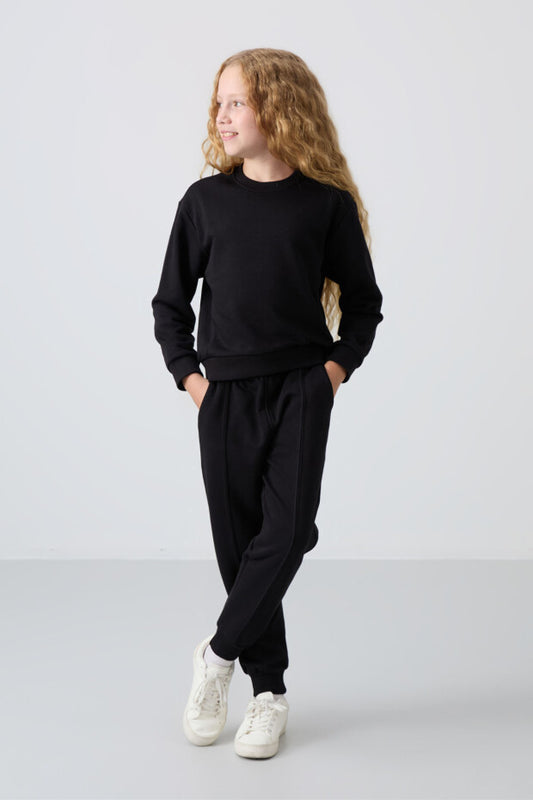 Siyah Pamuklu Kız Çocuk Eşofman Takımı