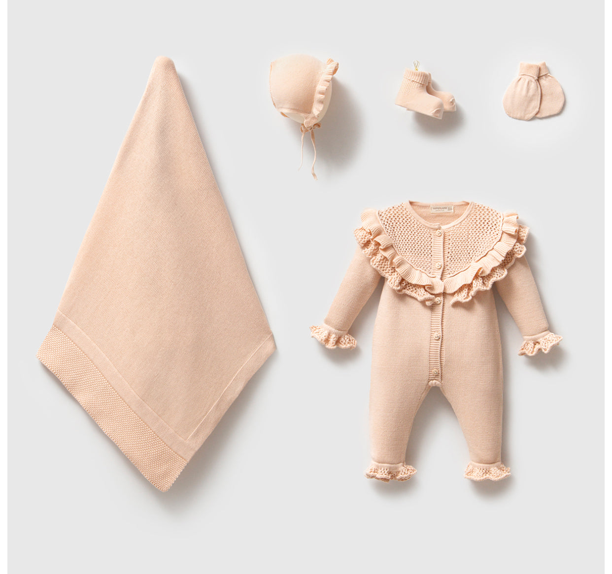Kız Bebek Yenidoğan 5’li Triko Hastane Çıkışı Seti | Fırfırlı Yakalı | 0-3 Ay | Tulum, Battaniye, Şapka, Çorap, Eldiven 8259