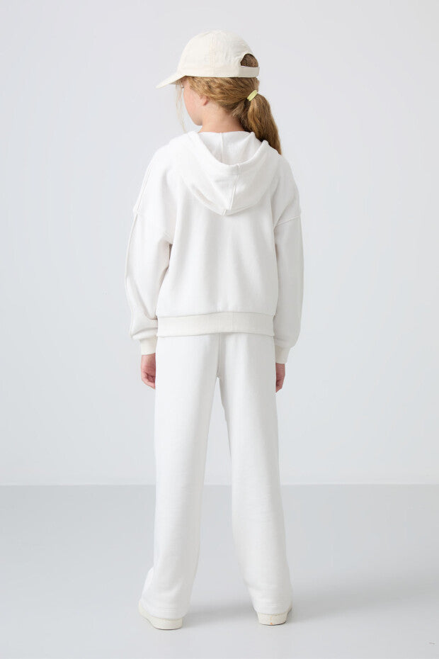 Tam Boy Fermuarlı Ekru Kız Çocuk Eşofman Takımı