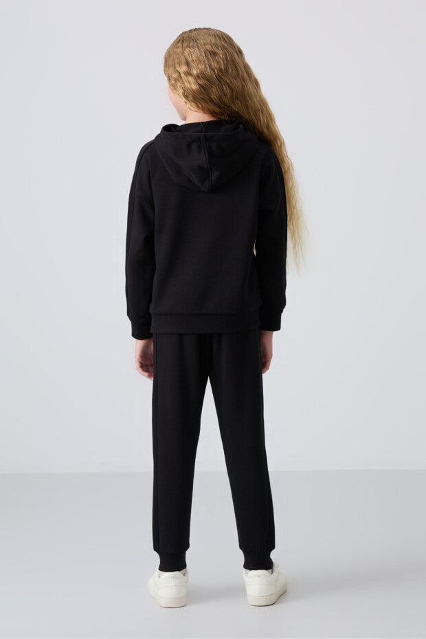Siyah Kapüşonlu Kız Çocuk Eşofman Takımı