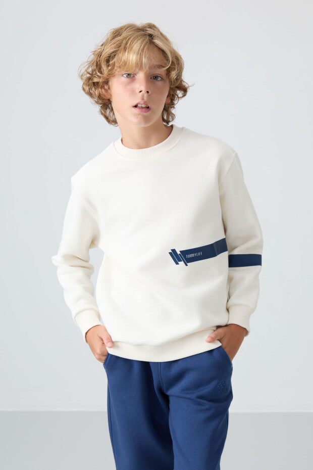 Ekru Rengi Pamuklu Erkek Çocuk Sweatshirt