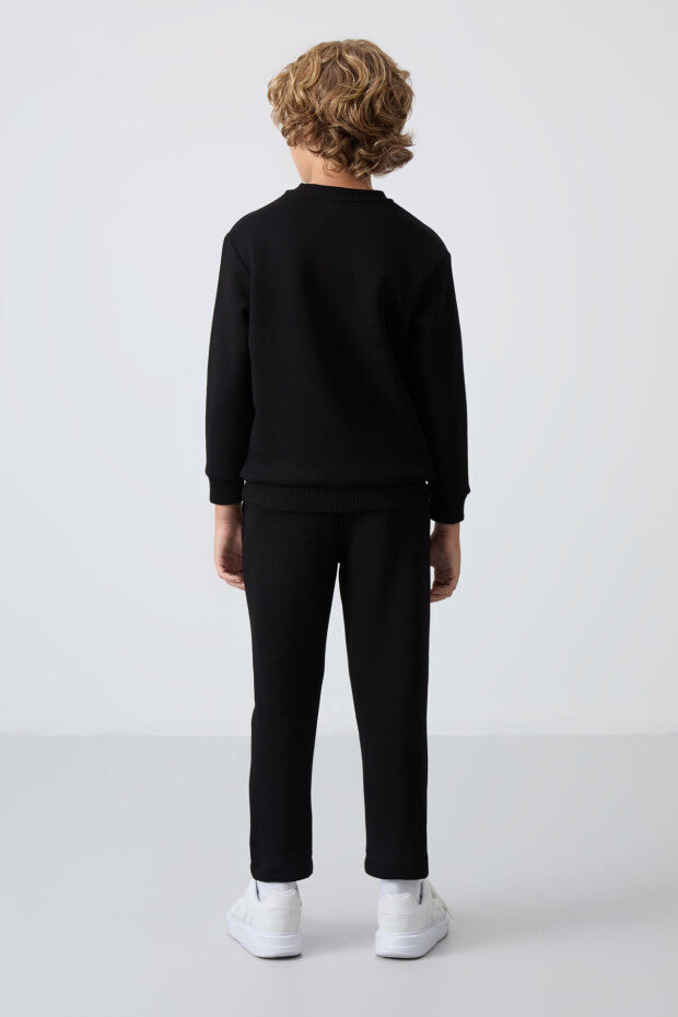 Siyah Düz Paça Pamuklu Eşofman Takımı