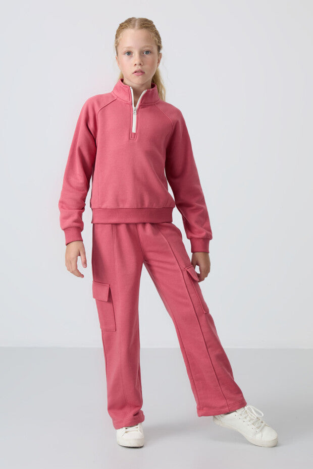 Gül kurusu Yarım Fermuarlı Kız Çocuk Eşofman Takımı