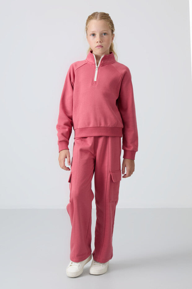 Gül kurusu Yarım Fermuarlı Kız Çocuk Eşofman Takımı