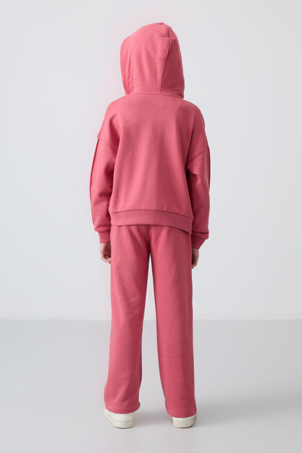 Gül Kurusu Kapüşonlu Kız Çocuk Eşofman Takımı