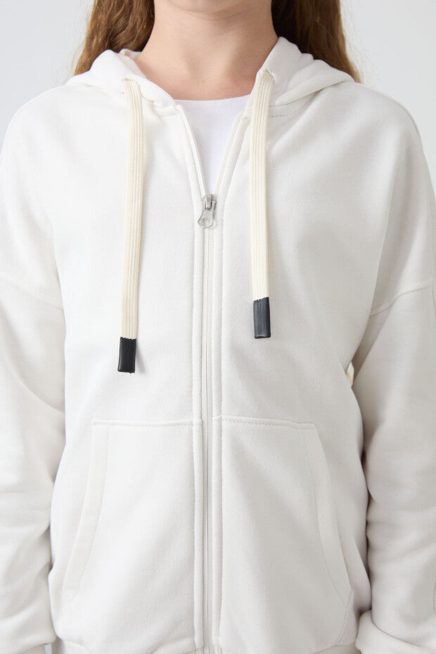 Ekru Kapüşonlu Tam Boy Fermuarlı Sweatshirt