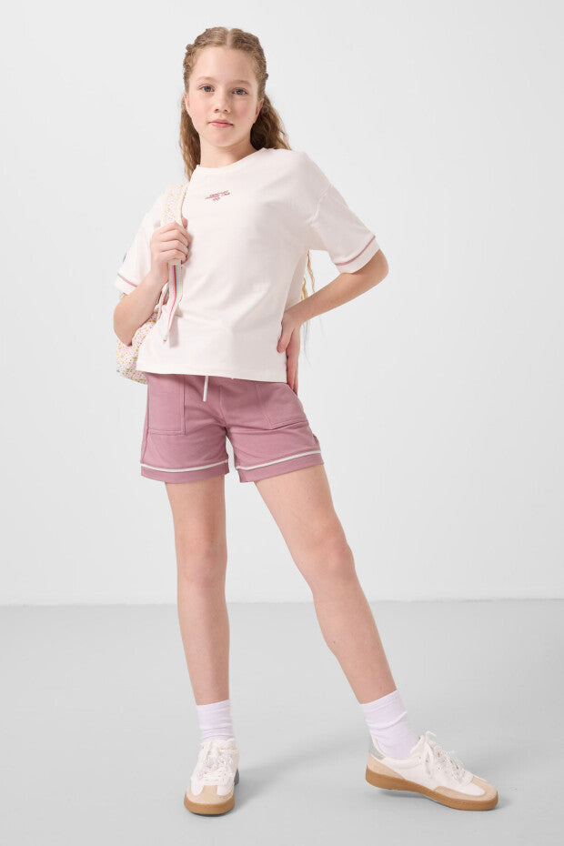 Kız Çocuk Ekru Tshirt Gül Kurusu Şortlu Kombin – Yazlık İkili Takım %100 Pamuk (7-15 Yaş)