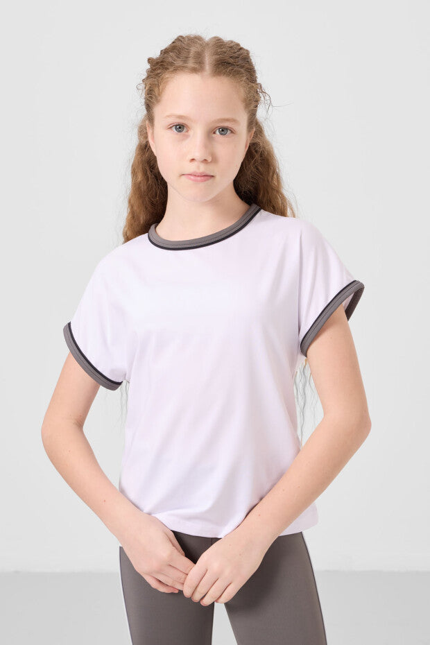 Kız Çocuk Beyaz Spor Tshirt Gri Şeritli Tayt Takımı