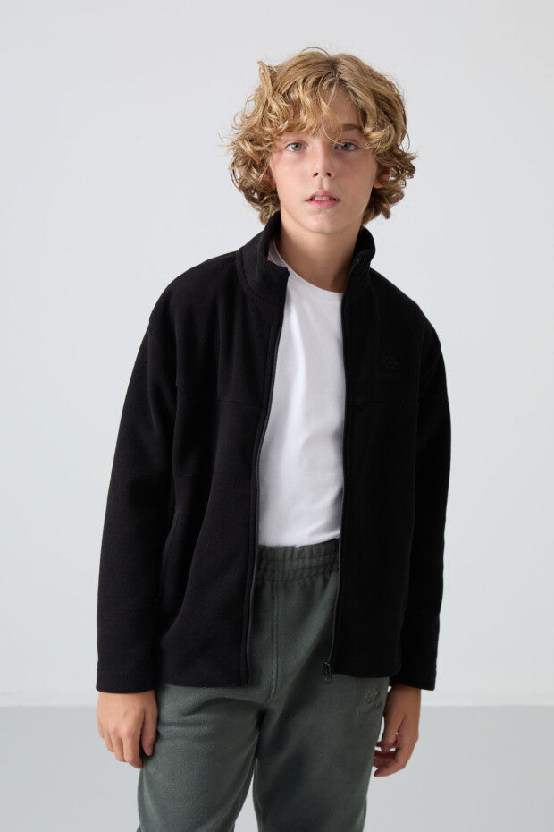 Erkek Çocuk Siyah Dik Yaka Fermuarlı Sweatshirt