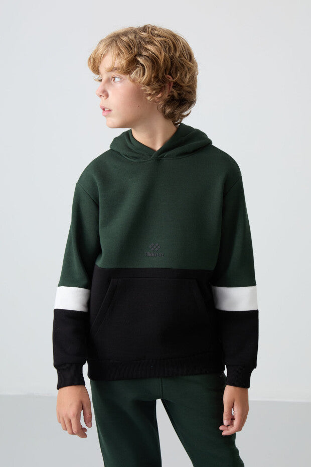 Çam Yeşili Ekru Ve Siyah Geçişli Kapüşonlu Eşofman Takımı