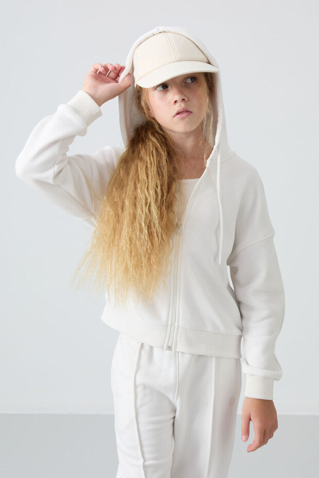 Tam Boy Fermuarlı Ekru Kız Çocuk Eşofman Takımı