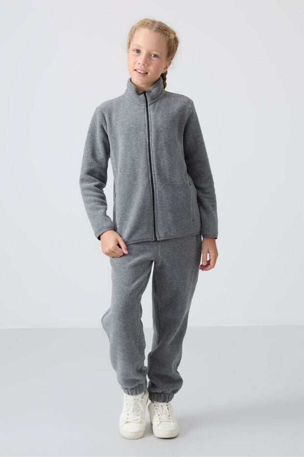 Gri Tam Fermuarlı Polar Kız Çocuk Sweatshirt