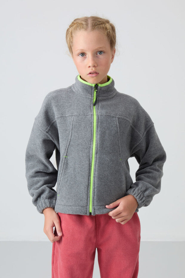 Gri  Fermuarlı Dik Yaka Sweatshirt
