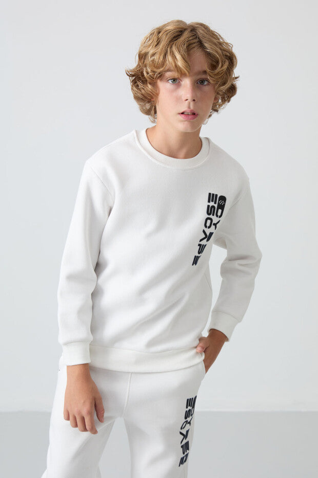 Düz Paça içi Pamuklu Eşofman Takımı Ekru