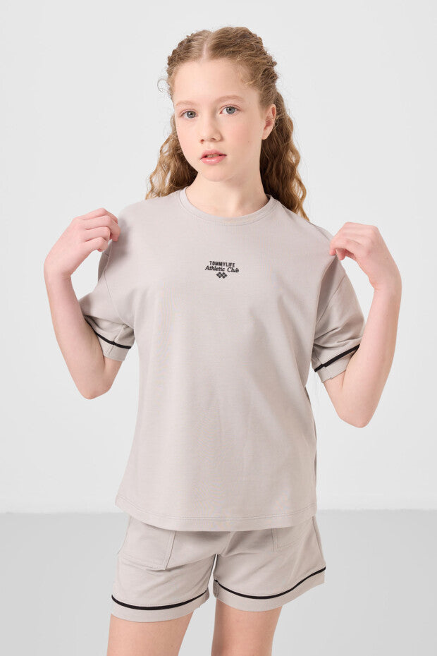 Kız Çocuk Taş Rengi Şortlu Takım – Yazlık %100 Pamuklu İkili Takım (7-15 Yaş)