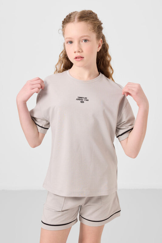 Kız Çocuk Taş Rengi Şortlu Takım – Yazlık %100 Pamuklu İkili Takım (7-15 Yaş)