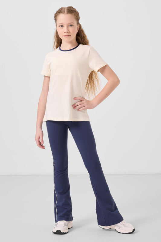 Lacivert İspanyol Paça Tayt Bej Tshirt Takım