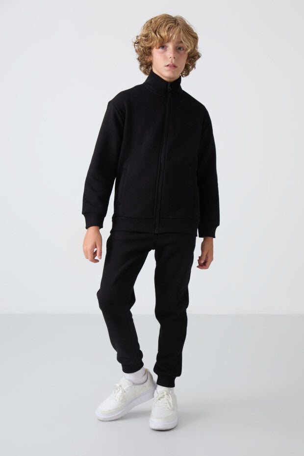 Siyah Dik Yaka Pamuklu Eşofman Takımı