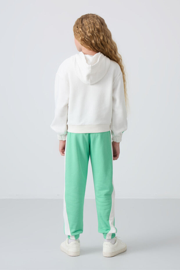 Ekru Yeşil  Kapüşonlu Kız Çocuk Eşofman Takımı