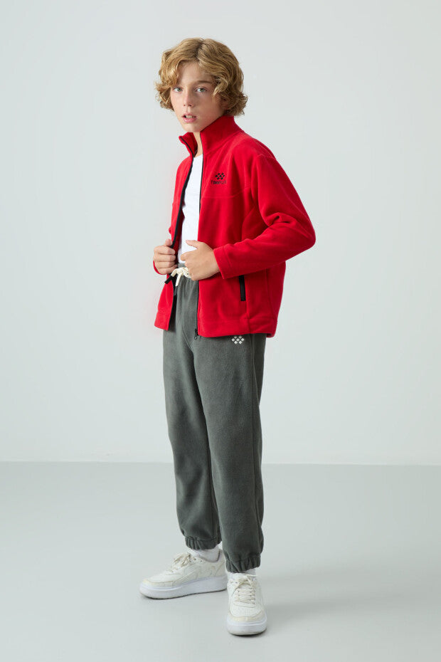 Kırmızı Polar Dik Yaka Fermuarlı Sweatshirt