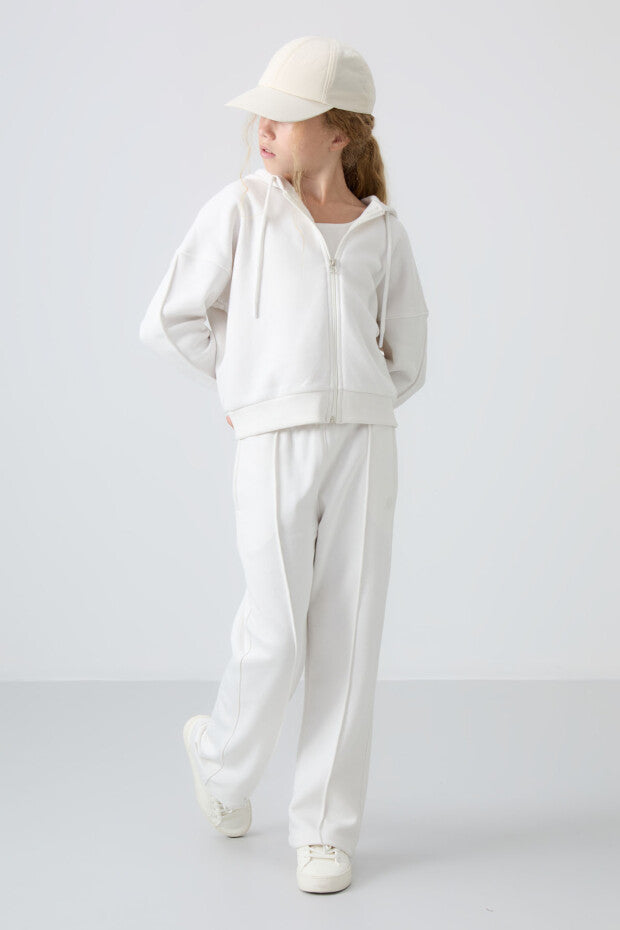 Tam Boy Fermuarlı Ekru Kız Çocuk Eşofman Takımı