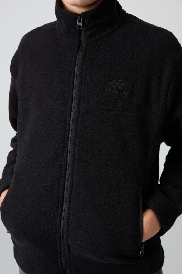 Erkek Çocuk Siyah Dik Yaka Fermuarlı Sweatshirt