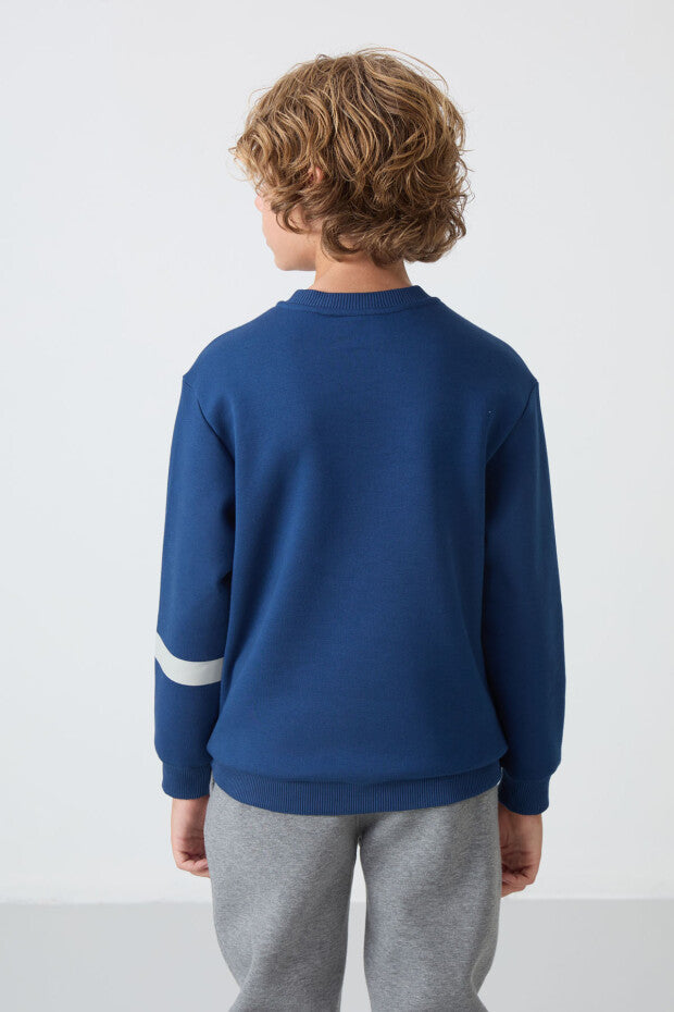 Lacivert İçi Pamuklu Gri Şeritli Erkek Çocuk Sweatshirt