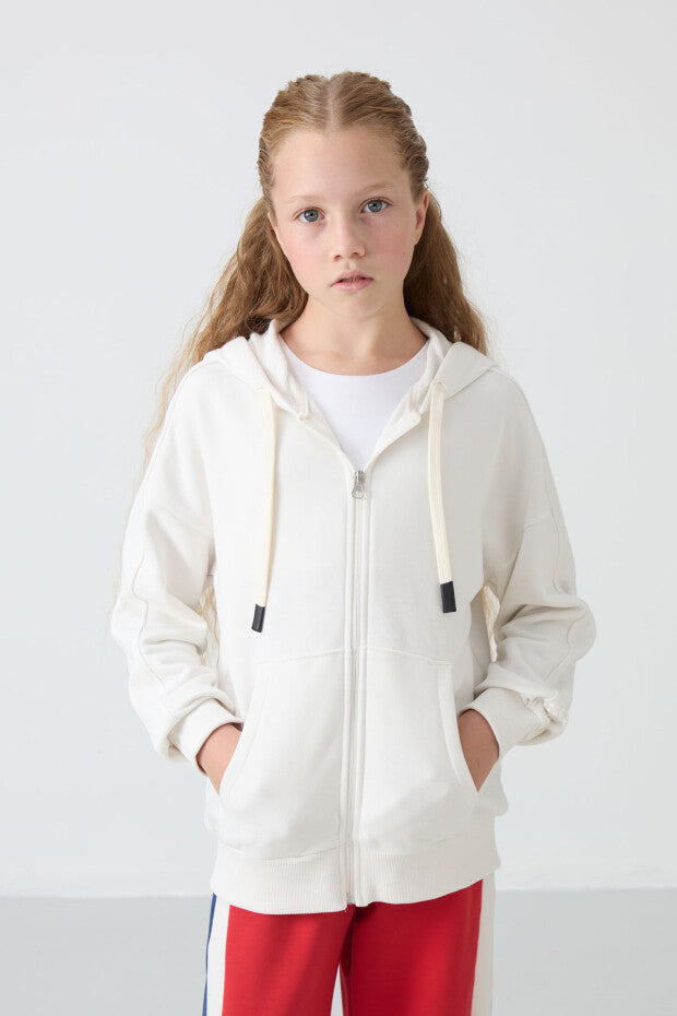 Ekru Kapüşonlu Tam Boy Fermuarlı Sweatshirt