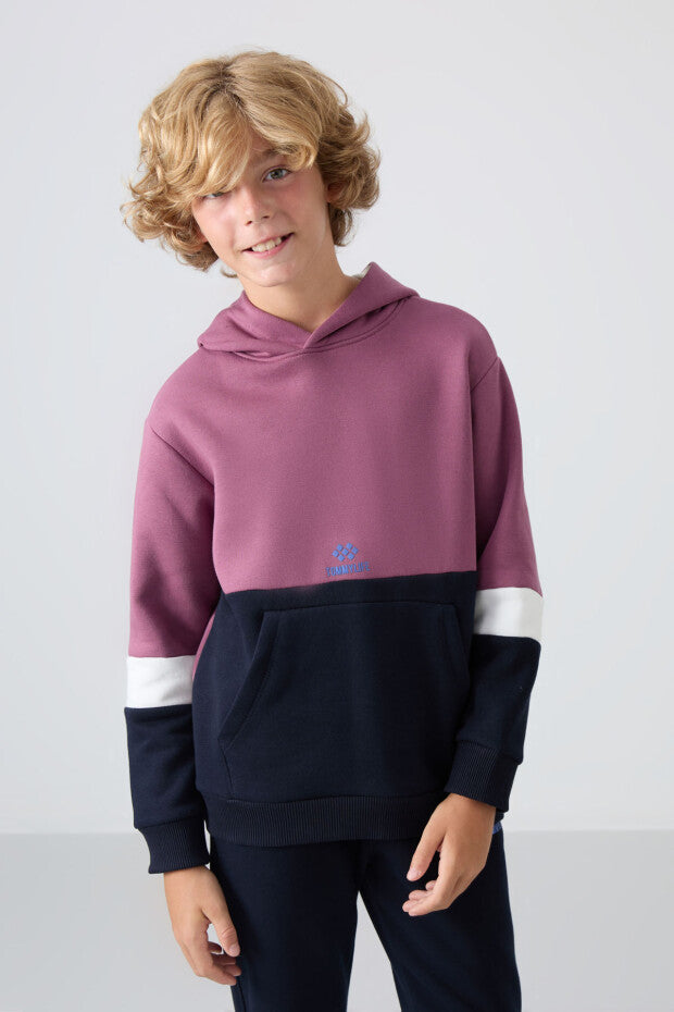 Gül Kurusu  Lacivert Kapüşonlu Ekru Geçişli Eşofman Takımı