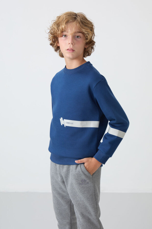 Lacivert İçi Pamuklu Gri Şeritli Erkek Çocuk Sweatshirt