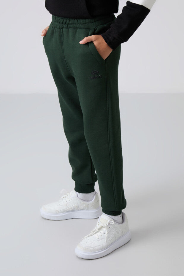 Çam Yeşili Ekru Ve Siyah Geçişli Kapüşonlu Eşofman Takımı