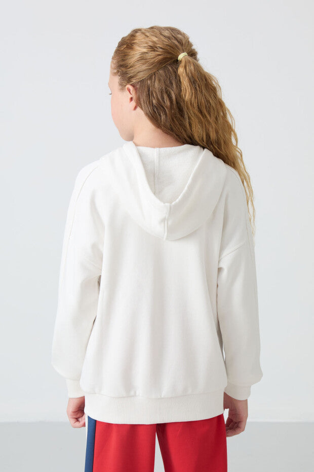 Ekru Kapüşonlu Tam Boy Fermuarlı Sweatshirt