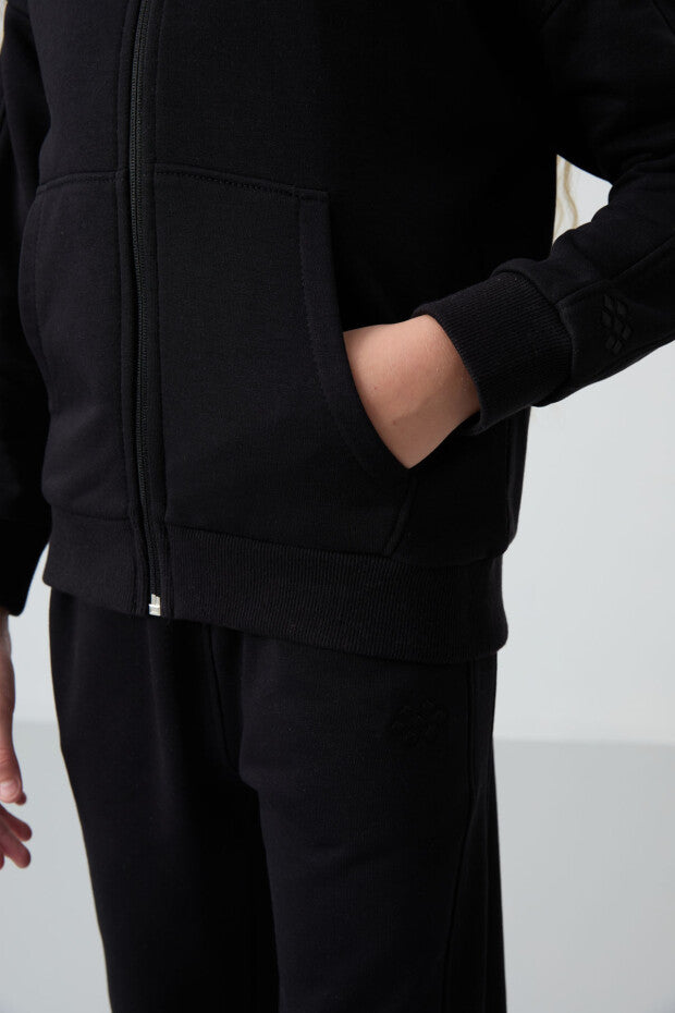 Siyah Kapüşonlu Kız Çocuk Eşofman Takımı