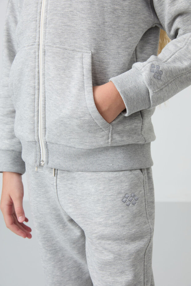 Gri Fermuarlı Kapüşonlu Kız Çocuk Eşofman Takımı