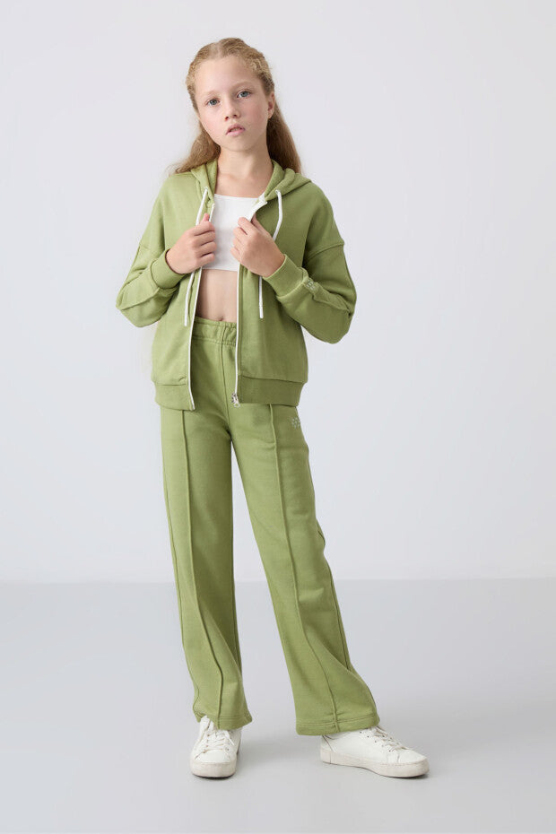 Yağ Yeşili Kapüşonlu Kız Çocuk Eşofman Takımı