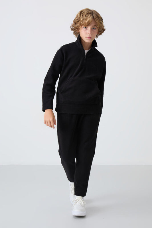 Siyah Dik Yaka Erkek Çocuk Polar Eşofman Takımı