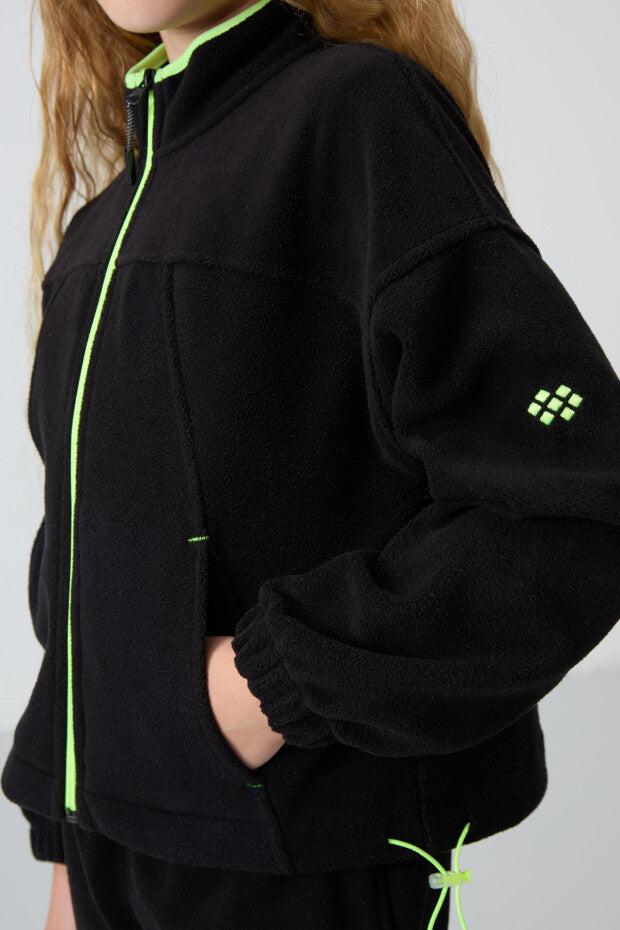 Siyah Polar Kız Çocuk Fermuarlı Sweatshirt
