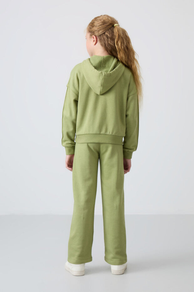 Yağ Yeşili Kapüşonlu Kız Çocuk Eşofman Takımı
