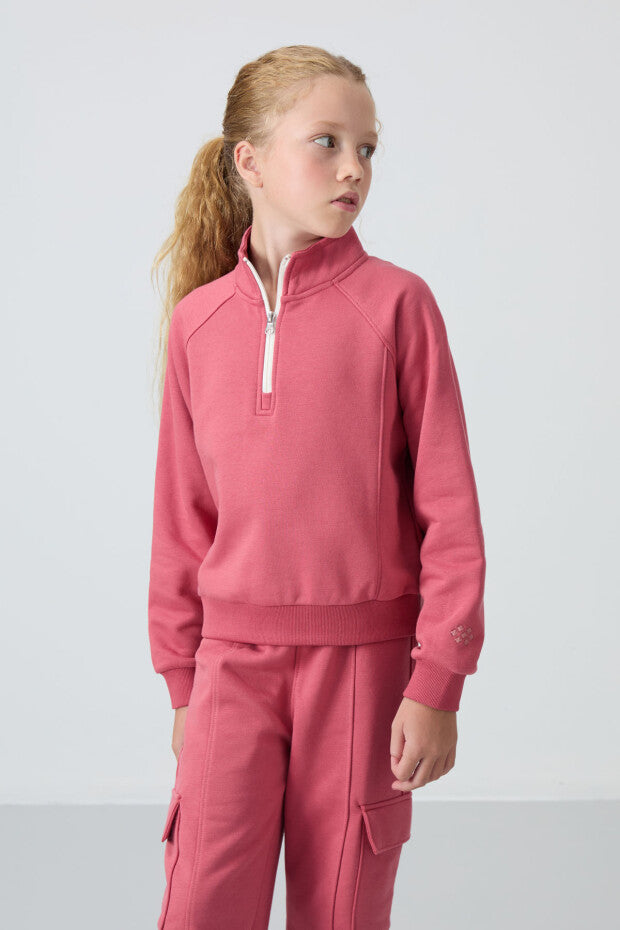 Gül kurusu Yarım Fermuarlı Kız Çocuk Eşofman Takımı